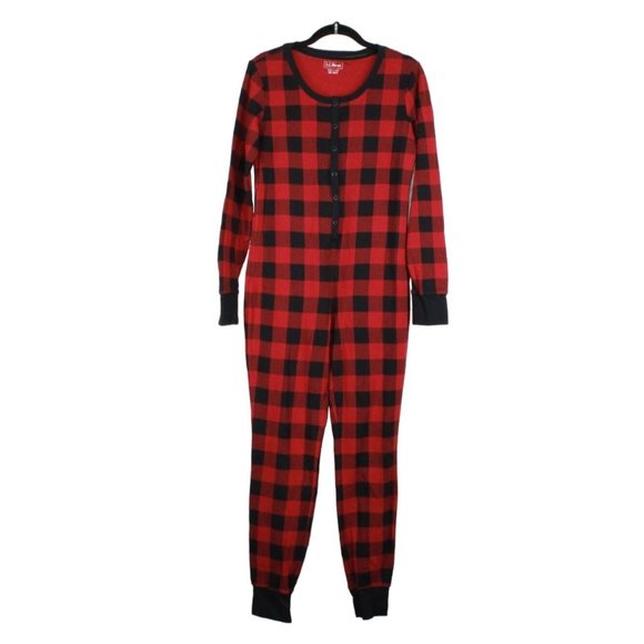 LL Bean Women's Red Buffalo Plaid Flannel Cotton Waffle Cozy Onesie Pajama XS - Picture 1 of 9